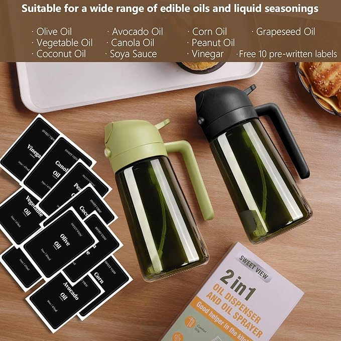 SWEET VIEW Olive Oil Dispenser and Oil Sprayer – 16oz/470ml Glass Light-Proof Oil Pourer for Kitchen, Air Fryer, Cooking, Salad, and BBQ