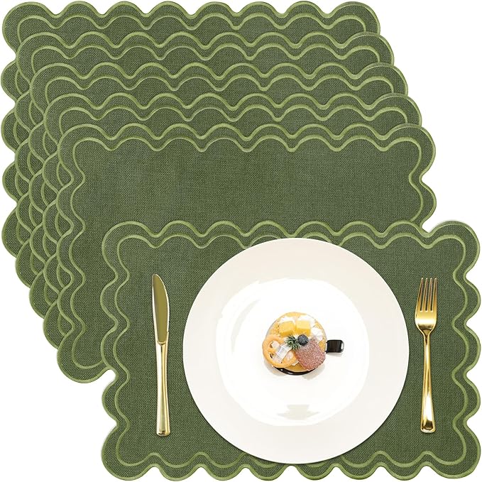 HunnmingRe Set of 6 Cotton Linen Placemats, 13x19 Inch Scalloped Wavy Embroidery Placemat Double Layered Washable Rustic Rectangle Dinner Table Mats for Wedding Home Decor(Moss Green with Green)