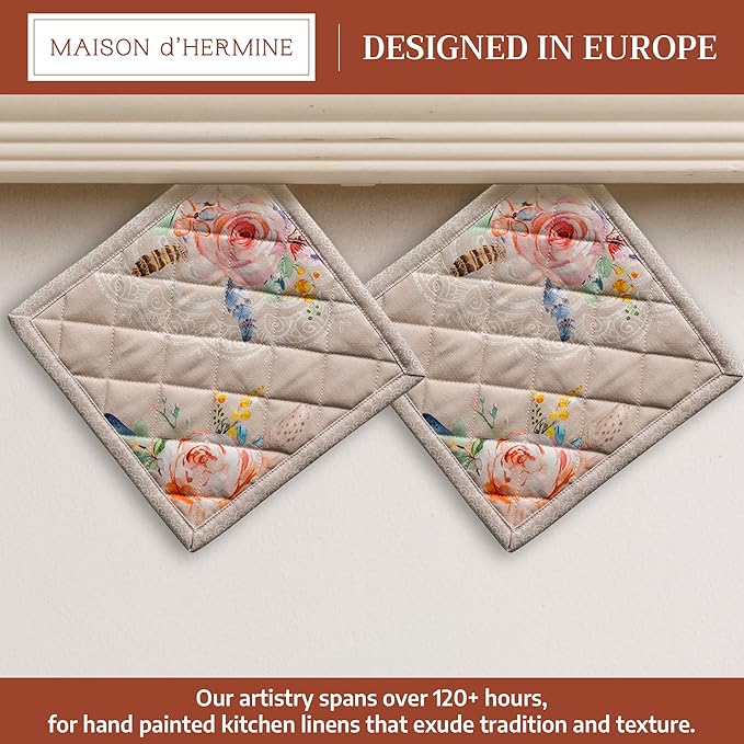 Maison d' Hermine Pot Holders 100% Cotton Heat Resistant Potholders 8" x 8" Hot Pads with Loop BBQ Cooking Baking Gifts for Mothers Day Handling Hot Pans Spring/Summer (Pack of 2, Ibiza - Beige)