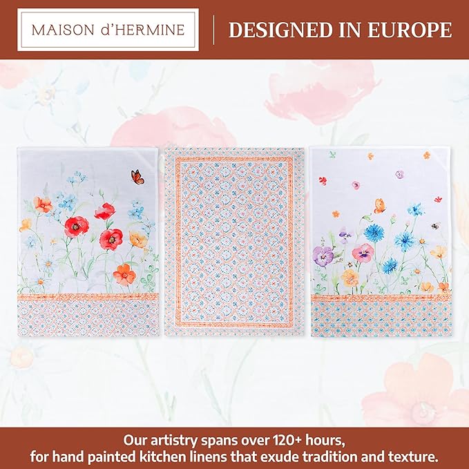 Maison d' Hermine Kitchen Towels Set of 3 100% Cotton 27.50" x 20" Reusable Cloth Tea Dish Towels Absorbent with Hanging Loop for Kitchen Gifts for Mothers Day Spring/Summer (Summer Whisper)