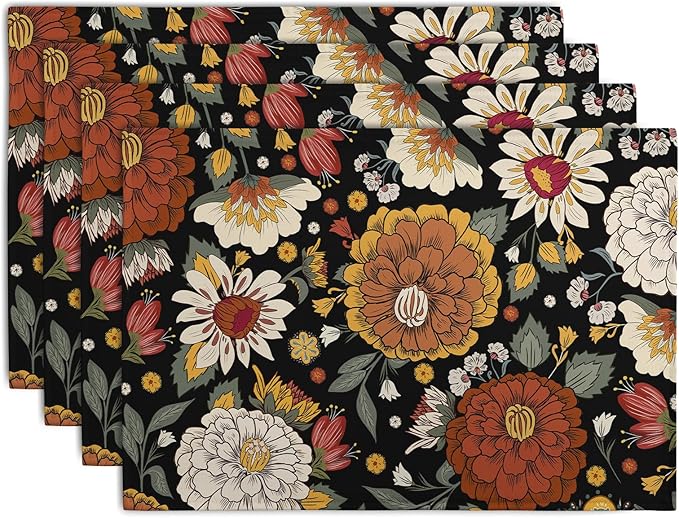Black Boho Floral Placemats Set of 4 Spring Summer Vintage Flowers Botanical Decorative Table Mats Mid Century Modern Linen Place Mats for Party Kitchen Dining Outdoor Indoor Decor