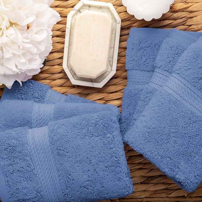 SUPERIOR Egyptian Cotton Pile Face Towel/Washcloth Set of 6, Ultra Soft Luxury Towels, Thick Plush Essentials, Absorbent Heavyweight, Guest Bath, Hotel, Spa, Home Bathroom, Shower Basics, Denim Blue