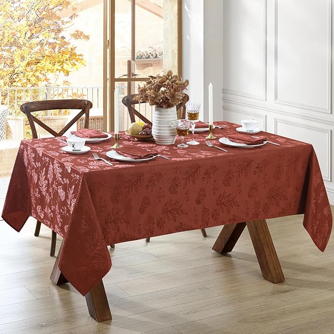 Elrene Home Fashions Elegant Woven Leaves Jacquard Damask Wrinkle Resistant Tablecloth, 60" x 144", Oblong, Spice Red