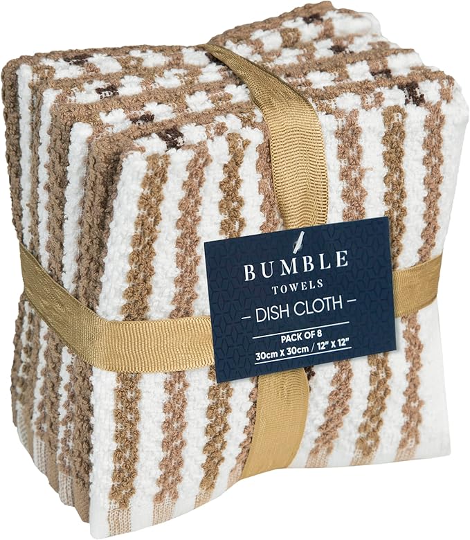 Bumble Towels Premium Dish Cloths 12"x12" | 100% Natural Ring Spun Cotton Tea Towel Set | 430 GSM | Highly Absorbent & Soft Kitchen Towels | 8 Pack - 4 Popcorn Wide Striped & 4 Solid Tan