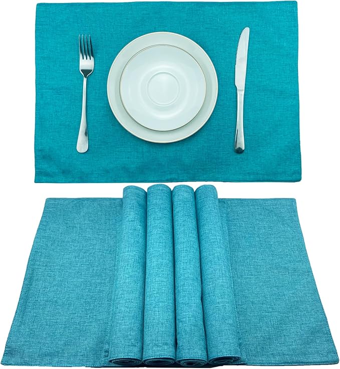 Weabetfu Cloth Placemats Set of 4 Heat Resistant Dining Table Placemmats Cotton Linen Machine Washable Kitchen Table Mats Wrinkle Free Thick Fabric Place Mat,Easy to Clean,13"x19"Teal