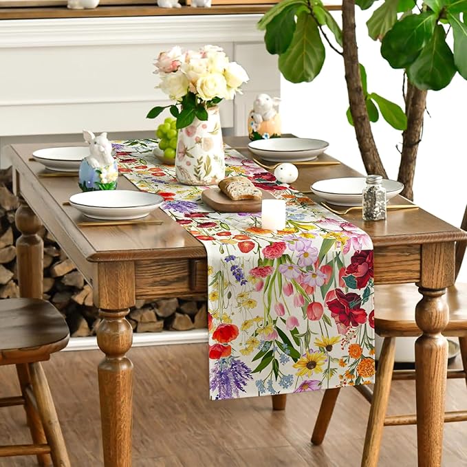 Spring Table Runner Easter Butterfly Kitchen Dining Table Centerpiece Summer Birds Flowers Decor Jesus Spring Decorations for Home Party-72 Inches Long
