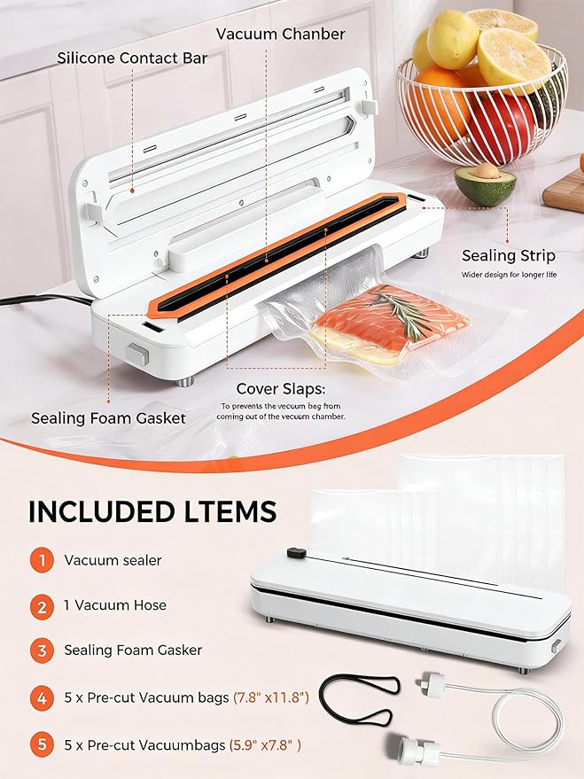 Vacuum Sealer Machine 75KPa Food with 6-in-1 Dry/Moist Modes & Digital Timer, Compact Lightweight Design, Built-in Cutter + 10 Bags (white)
