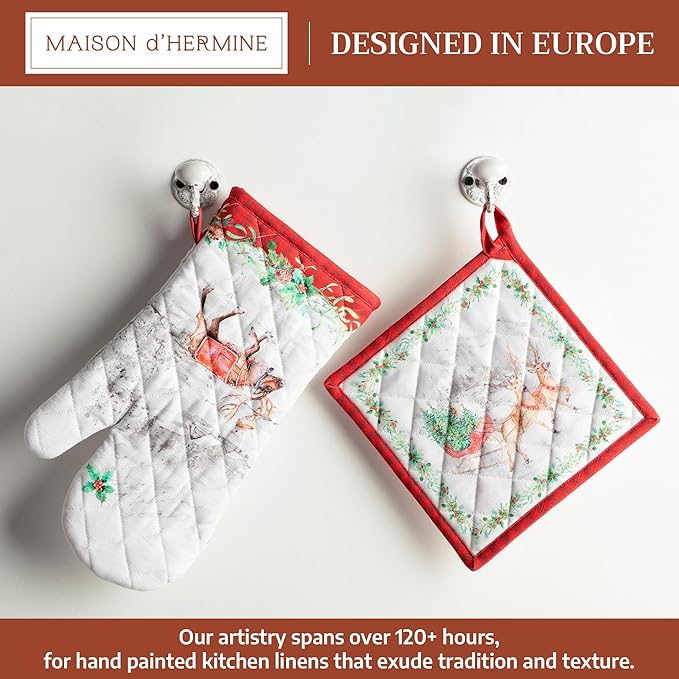 Maison d' Hermine 100% Cotton Oven Mitt & Pot Holder Set (7.5"x13" & 8"x8") Heat Resistant BBQ Cooking Gloves with Loop for Thanksgiving Christmas Decorations Handling Hot Pans (Christmas Tradition)