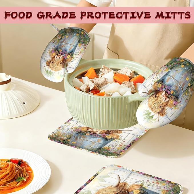 Cute Highland Cow Flowers Garden Heat-Resistant Silicone Oven Mitts and Pot Holders 4 Piece Set,Extra Long Non-Slip Kitchen Oven Gloves for Cooking, Baking, BBQ,Grilling
