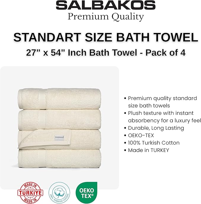 SALBAKOS 100% Turkish Cotton Bath Towel Set of 4, 27x54 inch | Premium Quality | Hotel & Spa Collection | Ultra Soft, Super Absorbent, Long Lasting Bath Towels | Made in Turkey (Ivory, 4 Bath Towels)