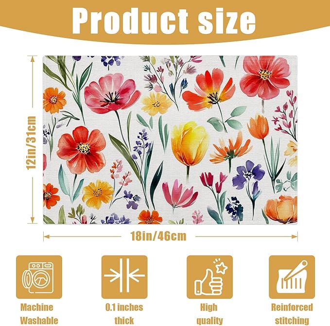 Red Flower Placemats Set of 6, Spring Summer Floral Linen Place Mat Washable Stain Resistant Table Mats for Farmhouse Kitchen Dining Party Wedding Decor 12x18 Inch