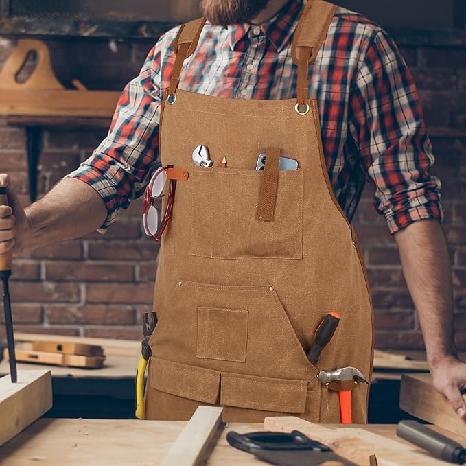 Men's Canvas Tool Apron, Heavy Duty Multi-Pocket Work Apron for Woodworking Gardening Bartender Adjustable Straps