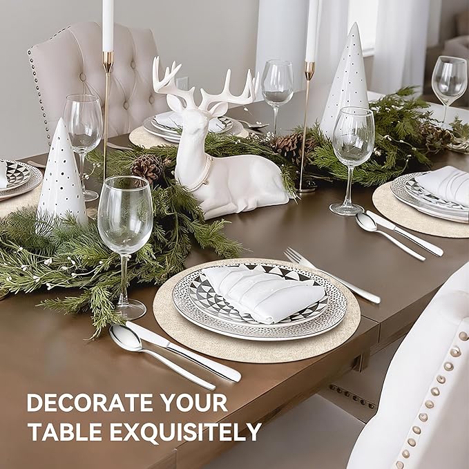 13" Round Placemats Set of 6, Reversible Faux Leather Heat Resistant Table Mats, 100% Waterproof Oilproof Wipeable Table Protective Placemats for Vinyl, Washable for Indoor & Outdoor Use (6, Beige)
