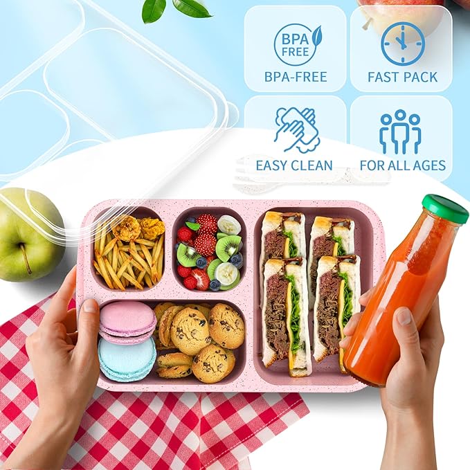Bento Box 4-Pack 5-Compartment Meal Prep Containers, BPA-Free Plastic, Stackable Food Storage Lunch Boxes for Adults and Kids, School Work Travel (Off White)