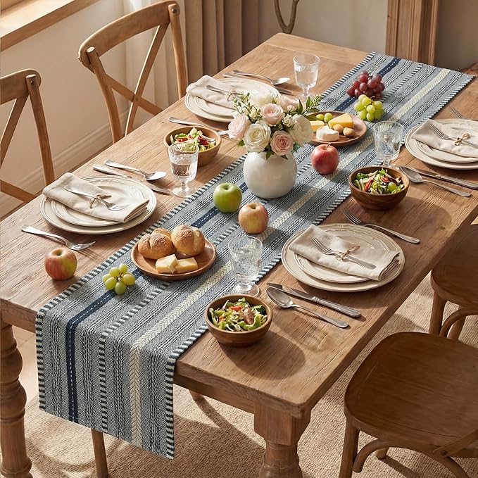 Artoid Mode Dark Blue Farmhouse Woven Table Runner, Seasonal Holiday Rustic Kitchen Dining Table Decoration for Home Party Decor 12x72 Inch
