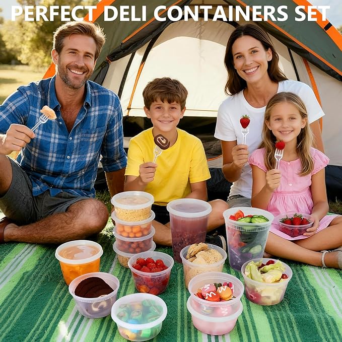 NESCCI 96 Pack (192-Piece) Deli Containers with Lids, 32/16/12/8 oz X 24 Set Each, Leak-Proof & BPA Free Airtight Takeout Plastic Food Storage Containers for Soup, Meal Prep, Microwave/Freezer Safe