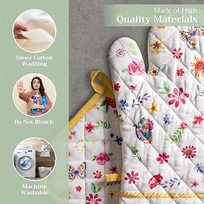 Maison d' Hermine 100% Cotton Oven Mitt & Pot Holder Set (7.5"x13" & 8"x8") Heat Resistant BBQ Cooking Gloves with Loop Kitchen Gifts for Mothers Day Spring/Summer (Happy Florals - Sweety)