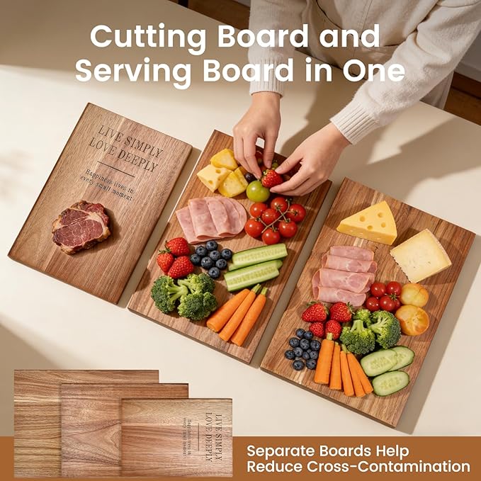 Cutting Board Set of 3, Acacia Wood Chopping Board with Stand, Charcuterie Kitchen Boards with Book‑Style Design for Cheese, Meat and Vegetables