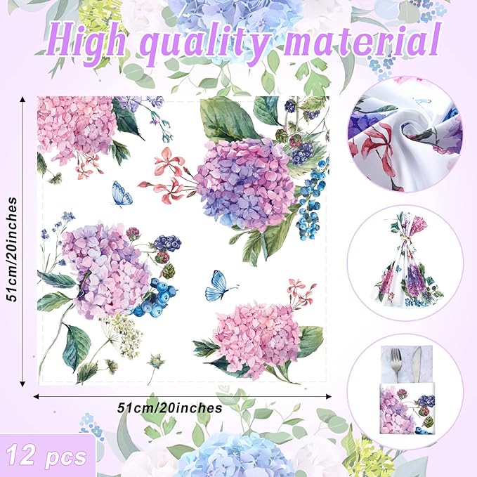 12 Pcs Hydrangea Flowers Cloth Napkins Floral Butterfly 20'' x 20'' Washable Dinner Tea Party Napkins for Kitchen Party Wedding Restaurant Indoor Outdoor Botanical Fresh Spring Summer