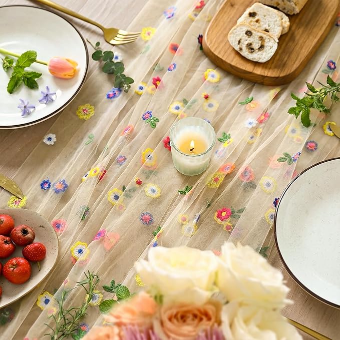 Artoid Mode Champagne Embroidery Daisy Spring Gauze Table Runner 59x120 Inch 10FT, Seasonal Sheer Kitchen Dining Holiday Wedding Birthday Table Decor for Home Party