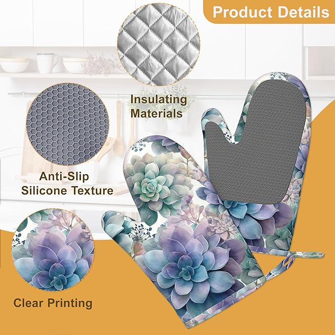 Succulent Botanical Floral Oven Mitts and Pot Holders Sets of 4, Heat Resistant Silicone Oven Mitts Gloves Non-Slip Kitchen Mittens Potholders for Cooking Baking Grilling BBQ