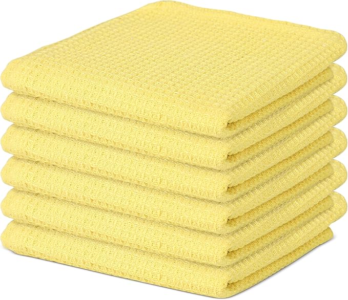 Vintage Vista 100% Cotton Waffle Dish Cloths (Pack of 6) - Dish Rags for Washing Dishes - Reusable & Highly Absorbent Kitchen Towels - Kitchen Rags fo Easter - (12" x 12" - Lemon Yellow)