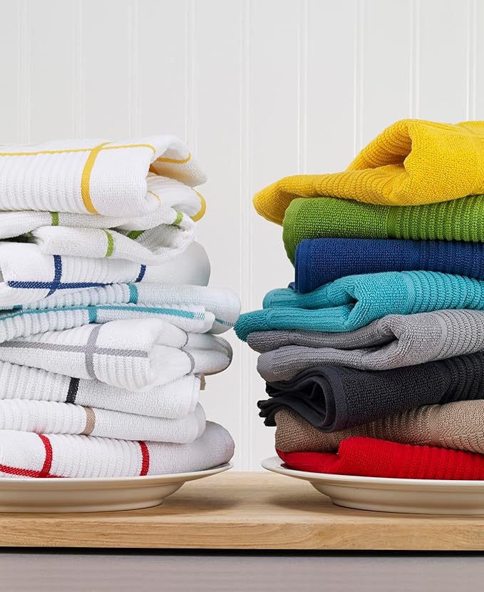T-Fal Solid & Checked Parquet Kitchen Towels: Highly Absorbent, Super Soft Long Lasting - 100% Cotton, 16"x26" Dish Towels for Cleaning & Drying Dishes, Pans, Glassware, Countertops, 6-Pack, Green