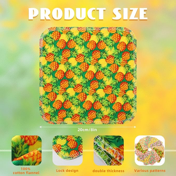 Kinlop 24 Pcs Spring Easter Lunchbox Cloth Napkins Bulk Reusable 2 Ply 8" x 8" Fruit Flannel Style Wipes Washable Soft Cotton Sturdy Absorbent Cloth Placemats for Dining Summer Home Party
