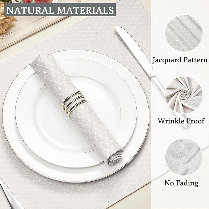 Cloth Napkins Set of 8 – Square 17x17 Inch Jacquard Fabric Polyester Washable Reusable Cloth Napkins for Kitchen Dinner Dining Restaurants Wedding Party Banquet Table (Ivory)