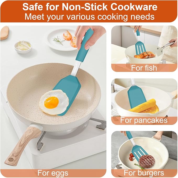 2 Pack Silicone Spatula Set, 600°F Heat Resistant Kitchen Spatula, BPA Free Solid & Slotted Turner, Flexible Cooking Utensils for Non Stick Frying Pan, Flipper for Eggs and Pancakes (Blue)
