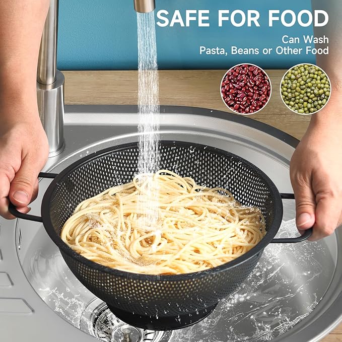 2PCS Black Colander for Kitchen, 3QT and 5QT, Stainless Steel Pasta Strainer with Handle, Pasta Strainer for Fruits Vegetables Cooking Food, Dishwasher Safe