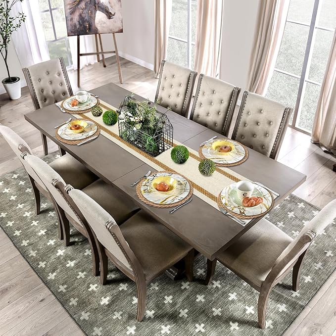 Niviy Round Woven Placemats Set of 6, with 72 Inches Long Farmhouse Macrame Table Runner Burlap Cotton Linen Table Runners Chargers for Dinner Plates, Beige & Brown