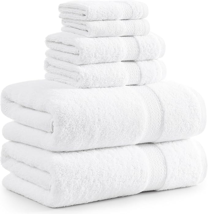 LANE LINEN 100% Cotton Bath Towel Set - 6 Pieces - Super Soft, Highly Absorbent & Quick Dry - 2 Bath, 2 Washcloths, 2 Hand Towels for Bathroom - Hotel Quality, Ideal for Spa, Gym & Travel - White