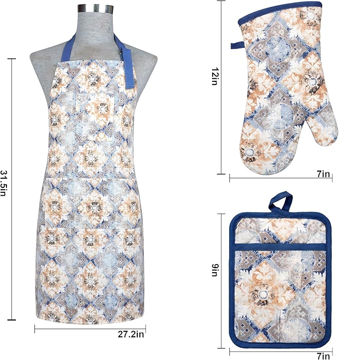 Oven Mitts and Pot Holders with Cooking Apron Set of 5, Heat Resistant Kitchen Gloves and Silicone Non-Slip Potholders, Adjustable Neck Buckle Chef Apron, Cotton Nice Design for Cooking (Blue Retro)
