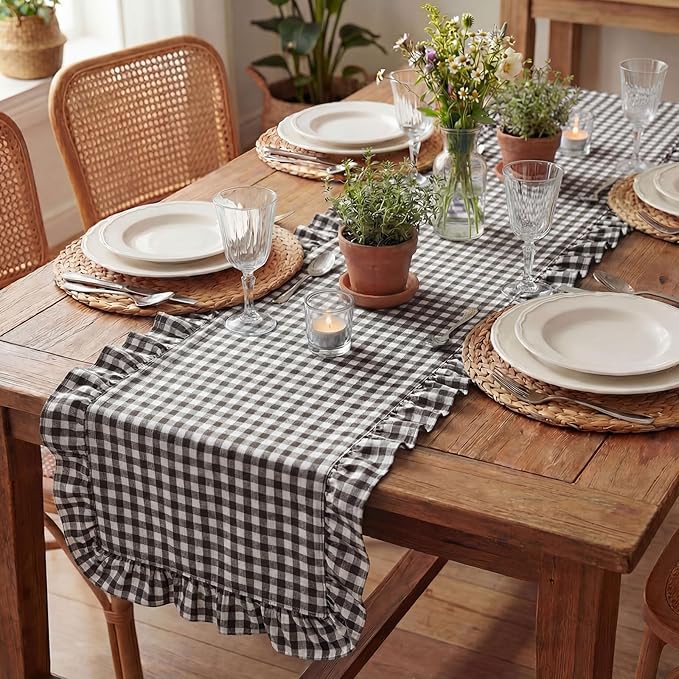 HunnmingRe 1 Pcs Dark Brown Plaid Gingham Ruffle Table Runner 118 x 13.8'' Farmhouse Table Runner 100% Cotton Scalloped Long Dresser Scarves for Dining Room, Wedding, Kitchen Rustic Home Decor