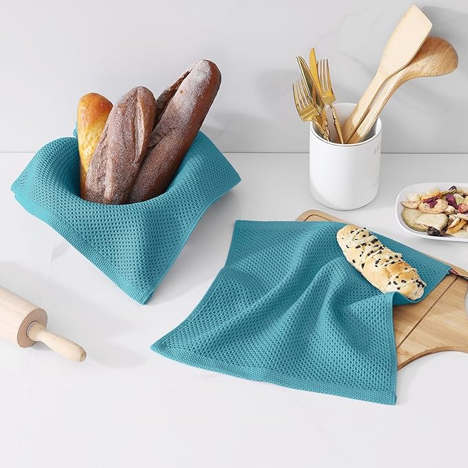 Kitinjoy 100% Cotton Kitchen Dish Cloths (12 X 12 Inches, Lake Blue), 6 Pack Waffle Weave Ultra Soft Absorbent Dish Towels for Drying Dishes Quick Drying Kitchen Towels Dish Rags