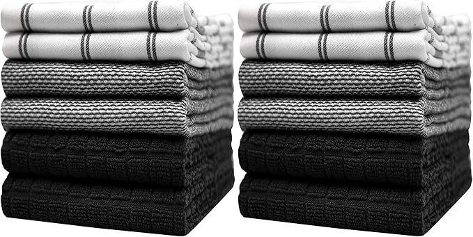 Premium Kitchen Towels (20”x 28”, 12 Pack) | Large Cotton Dish Towels | Flat & Terry Highly Absorbent Kitchen Linen Set with Hanging Loop | Black Check