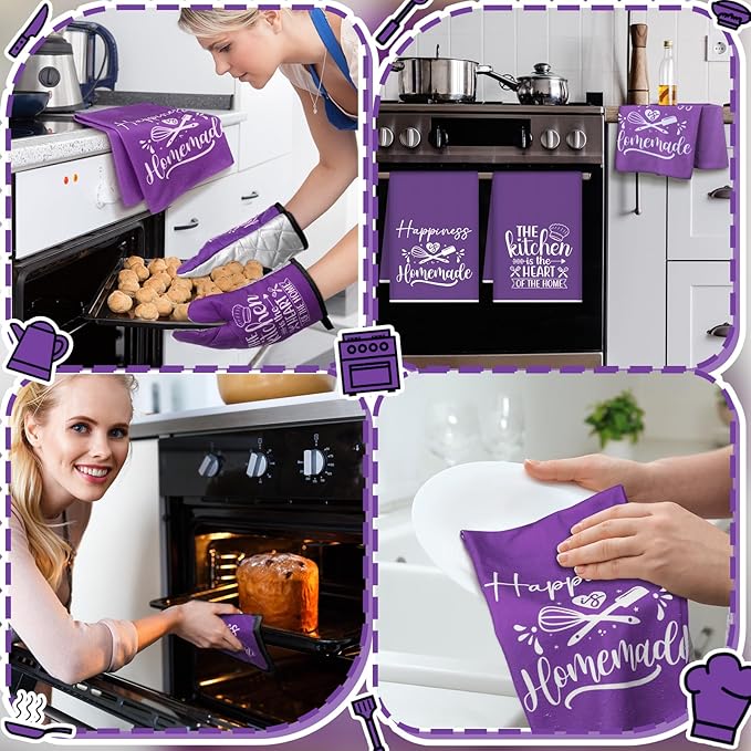 Sratte 6 Pcs Kitchen Decor Accessories Set Farmhouse Towels Pot Holders Oven Mitts Set 2 Dish Towels 2 Potholders 2 Cooking Mittens Oven Glove for Christmas Baking Cooking (Purple,Kitchen)