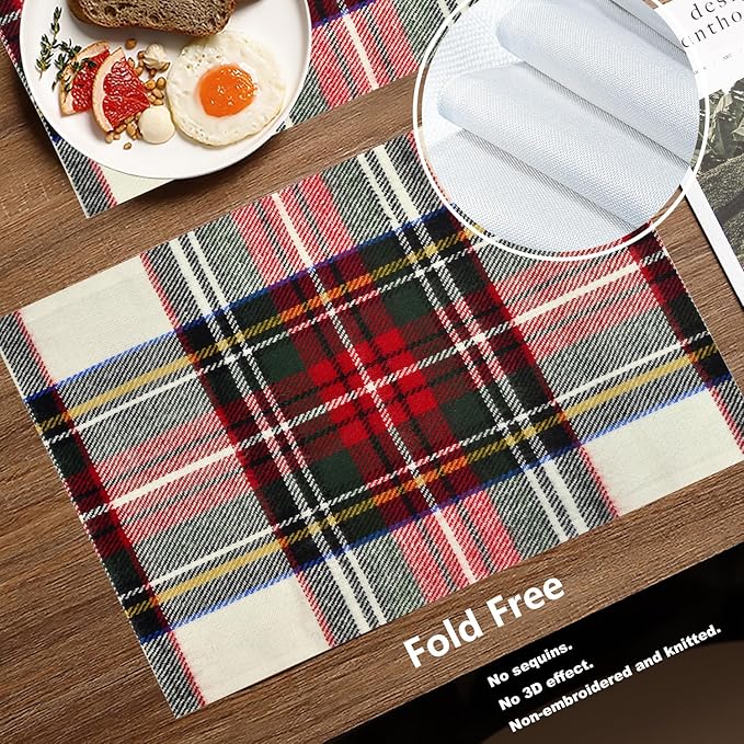 Batmerry Scottish Tartan Placemats, Green Wool Plaid Symmetric Square Fashion Washable Linen Table Mats for Kitchen Table Double Insulation Decor Dining Set Indoor Outdoor 12X18 in Set of 6