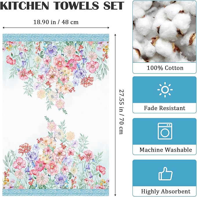 Watercolor Floral Tea Towels, Cotton Kitchen Towel 18.9 × 27.5 inch, Quick Drying Dish Cloth for Party Anniversary Holiday Decoration, Housewarming Gifts for Mom