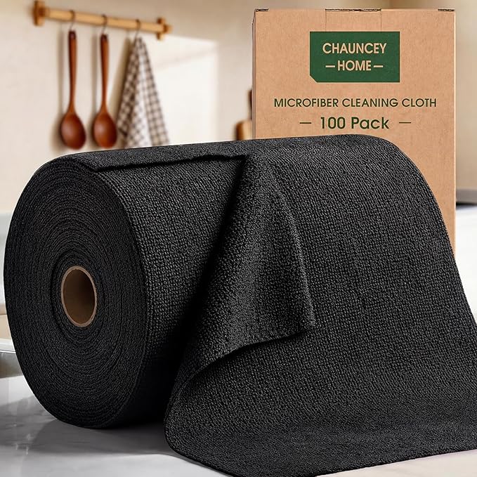 Microfiber Cleaning Cloth Roll - 100 Pack Tear Away Microfiber Paper Towels, Reusable, Washable, Scratch-Free, Kitchen Towels for Car, Home, Kitchen, Glass, Dishes (Black)