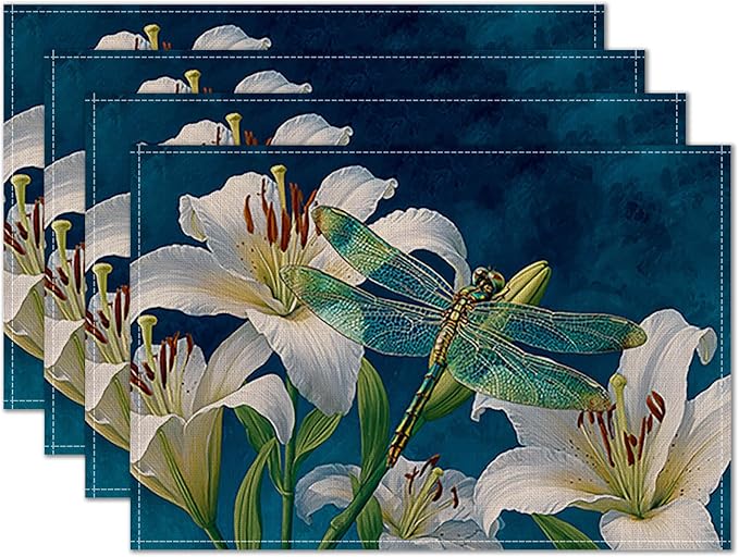 HOMETITUTE Dragonfly Linen Placemats Set of 4 12x18 inch Spring Table Mats for Dining Table Farmhouse Lily Art Decorations Kitchen Decor Desk Mat for Outdoor Home Party Kitchen Seasonal Dining Decor