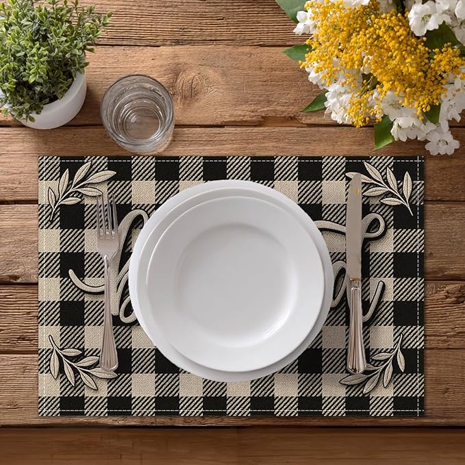 HOMETITUTE Blessed Placemats Set of 4 Linen 12x18 Inch Washable Table Mats Black and White Buffalo Plaid Rustic Farmhouse Place Mats Decorative Kitchen Dining Table Party Holiday Home Decor