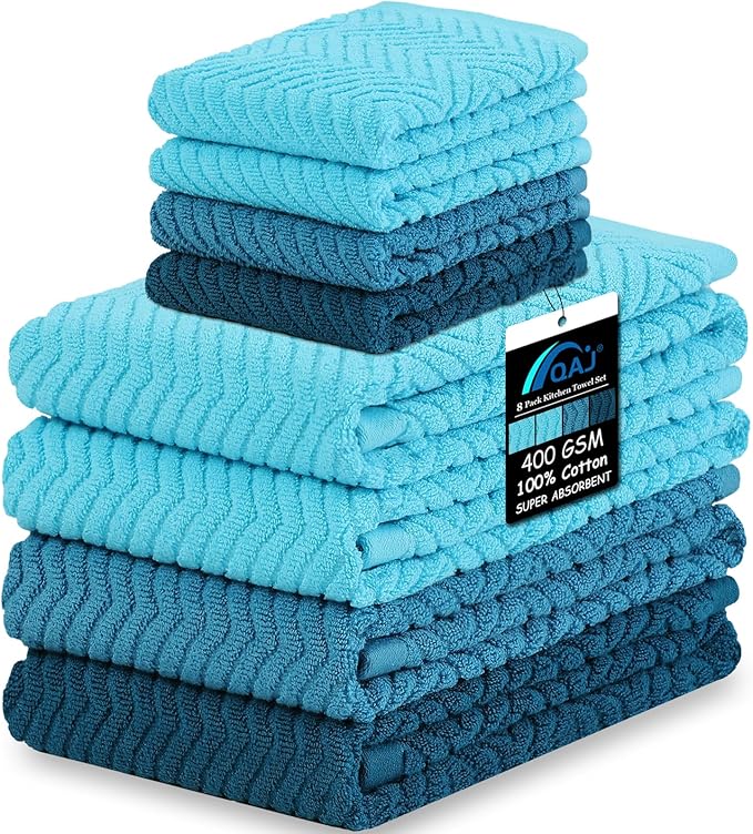 100% Cotton Kitchen Towels and Dishcloths Set, Pack of 8 Super Absorbent 16" x 25" Kitchen Towels and 13" x 13" Dish Cloths (400 GSM)