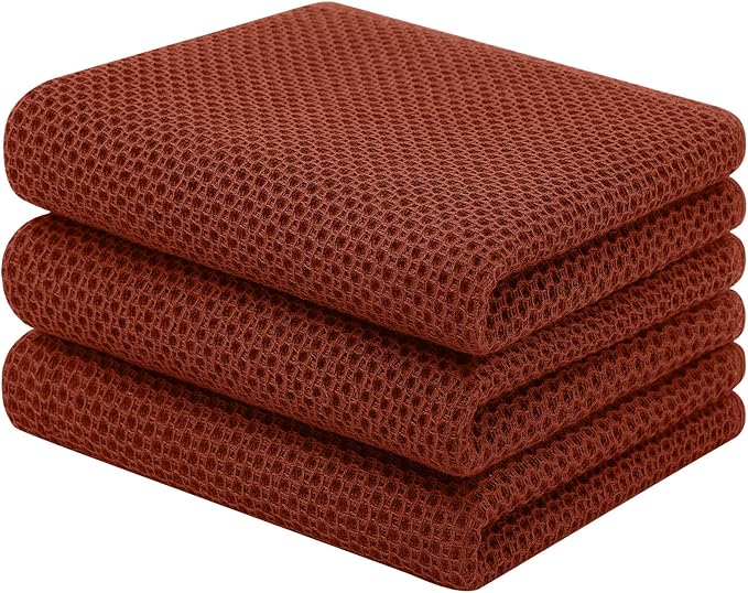 Homaxy 100% Cotton Waffle Weave Kitchen Towels, 3-Pack Ultra Soft Absorbent Dish Towels, Quick Drying Cleaning Towels, 13 x 28 Inches, Rust