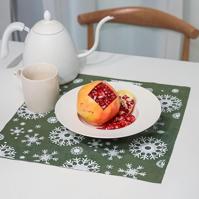 100% Pure Linen Christmas Napkins 15 x 15 Inch Snowflake Pattern - Set of 6 Pack, Green Dinner Cloth Napkin European Flax Natural Fabric Washable for Home and Kitchen
