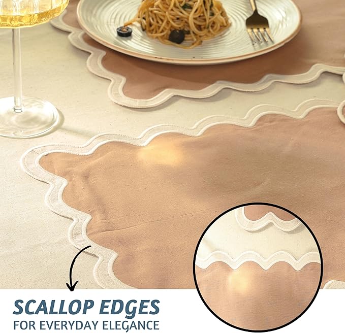 Folkulture Placemats Set of 4 | (13 x 19) 100% Cotton Rustic Place Mats | Heat Resistant Table Mats for Dining Table Decor | Boho Placemats, Scalloped Kitchen Mats or Table Placemats (Sand)
