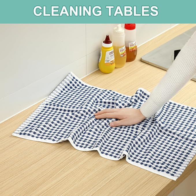 SALAS Cotton Dish Towels Cloths for Kitchen Drying Dishes, Lattice Terry Towels, Highly Absorbent Kitchen Cloths with Hanging Loop, 16‘’ x 26‘’, 4 Packs, Blue