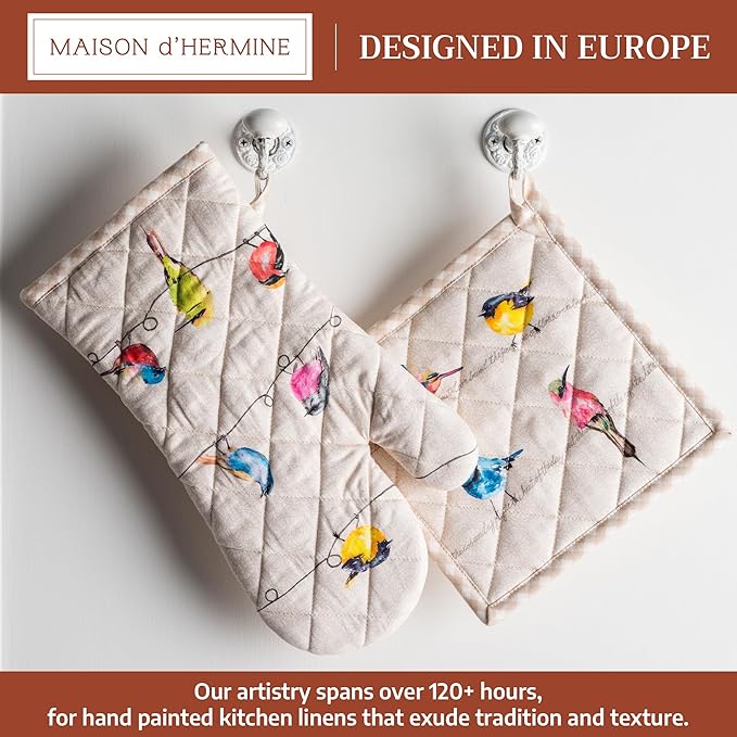 Maison d' Hermine 100% Cotton Oven Mitt & Pot Holder Set (7.5"x13" & 8"x8") Heat Resistant Cooking Gloves with Loop Baking Grilling Kitchen Gifts for Mothers Day Spring/Summer (Birdies on Wire)
