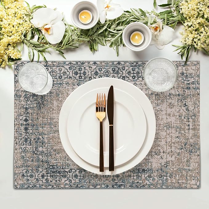 aportt Grey Brown Ethnic Boho Placemats Set of 4 Bohemian Carpet Vintage Gray Linen Washable Kitchen Dining Table Mats Stain Heat-Resistant Desktop Decor Place Mats for Home Party Indoor 12x18 in